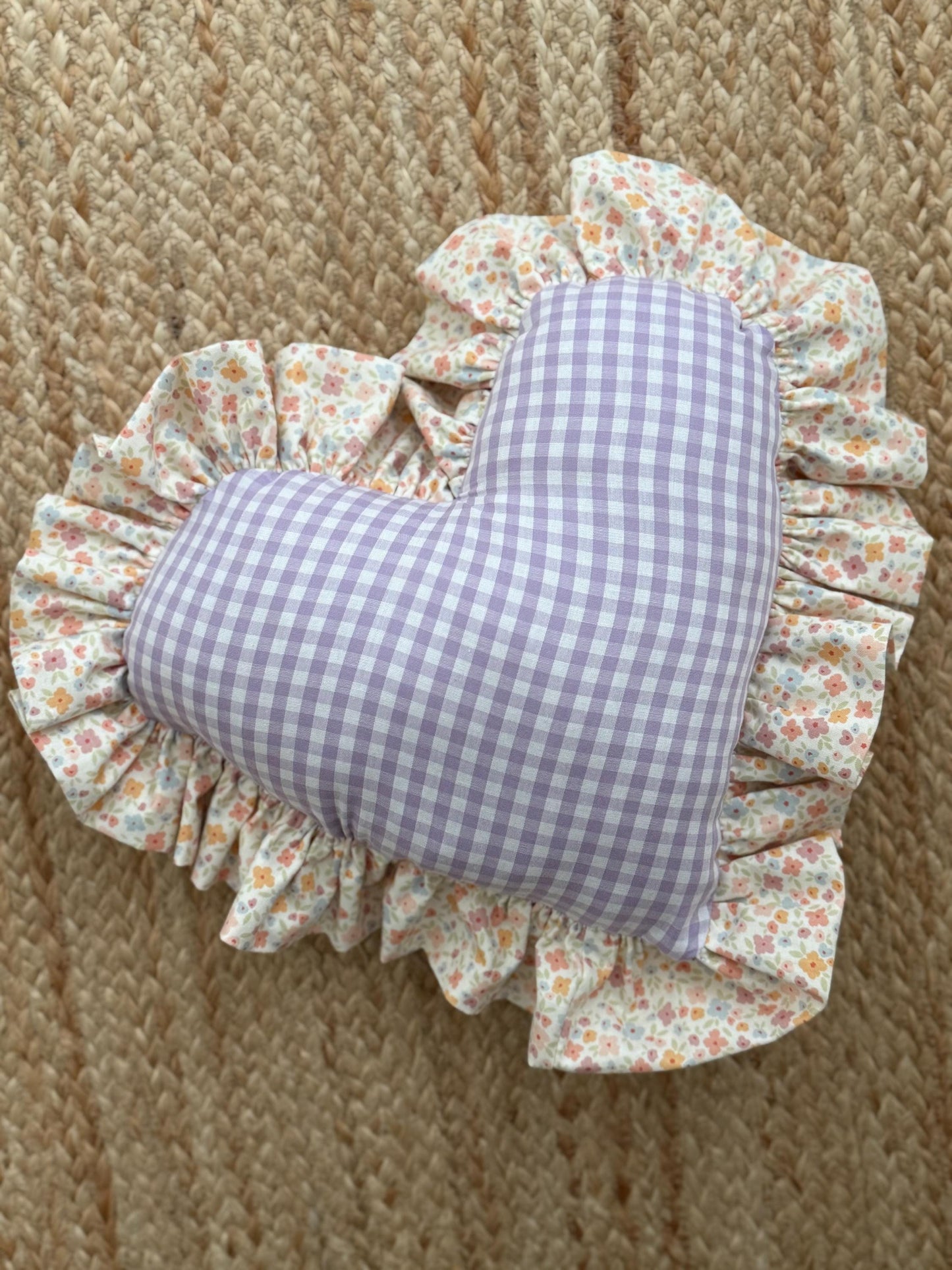 Purple Gingham Heart Pillow | Floral Ruffle Nursery Decor