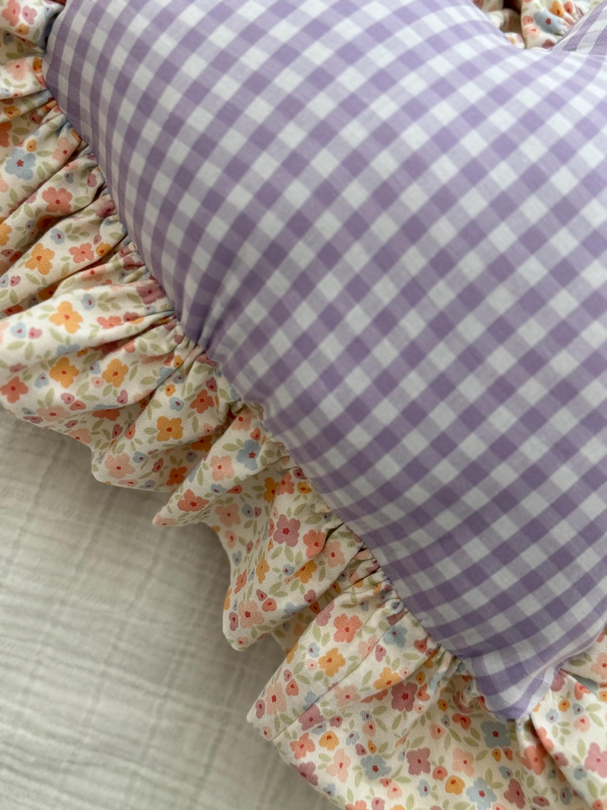 Purple Gingham Heart Pillow | Floral Ruffle Nursery Decor