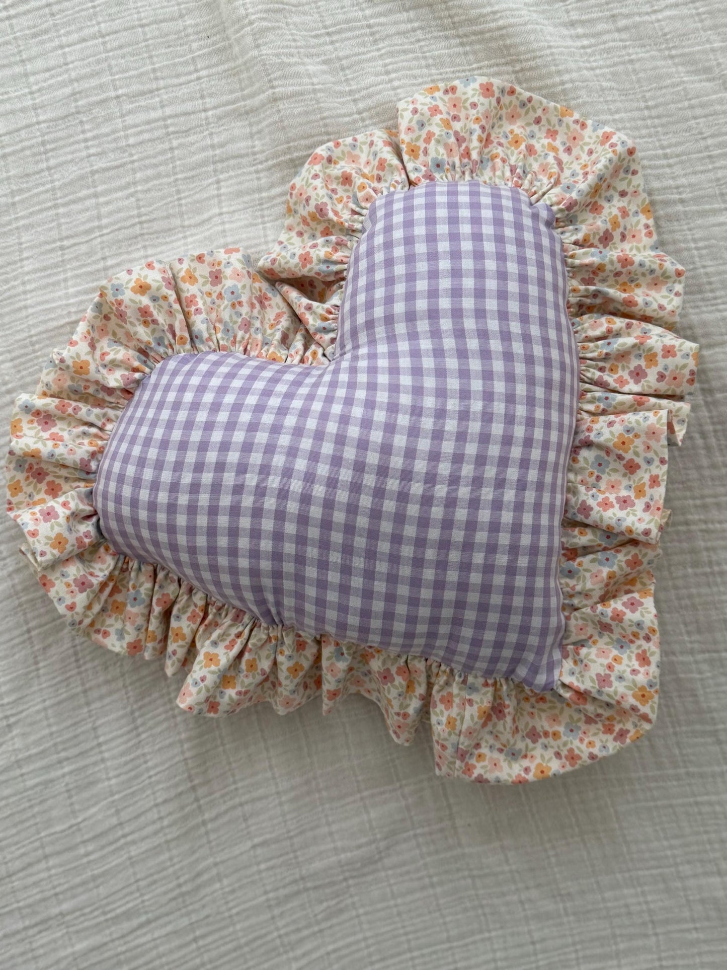 Purple Gingham Heart Pillow | Floral Ruffle Nursery Decor