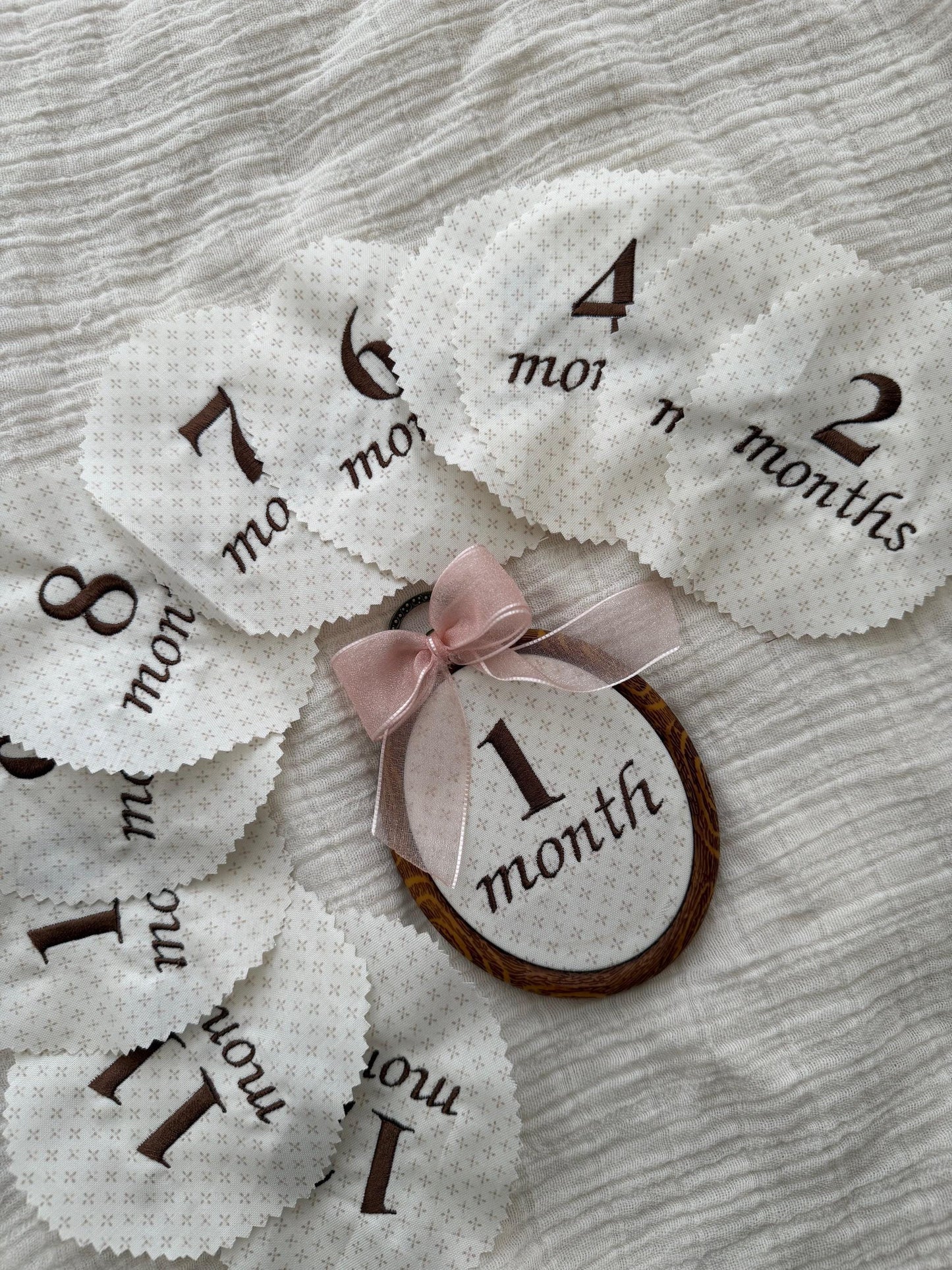 First Year Milestone Hoops | Brown Embroidered Baby Milestone Hoops | Month Sign with Bow | Monthly Photo Props with Bow | Baby Milestone