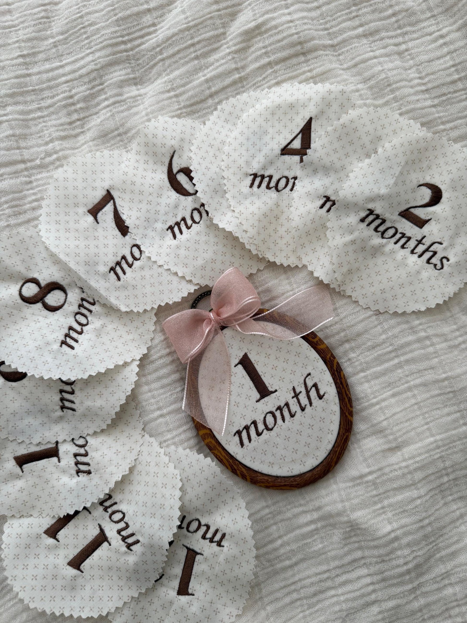 First Year Milestone Hoops | Brown Embroidered Baby Milestone Hoops | Month Sign with Bow | Monthly Photo Props with Bow | Baby Milestone