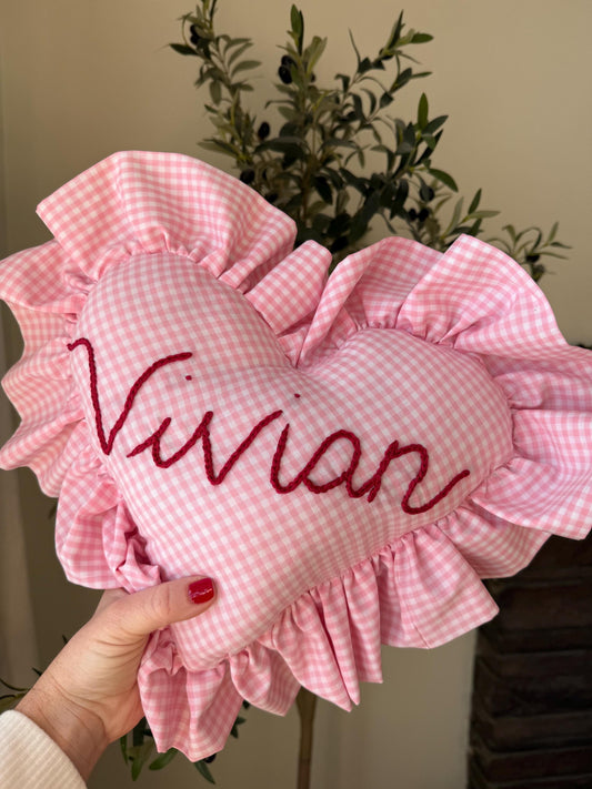 Personalized Pink Gingham Heart Pillow with Tooth Pocket | Embroidered Ruffle Throw | Tooth Fairy Pillow
