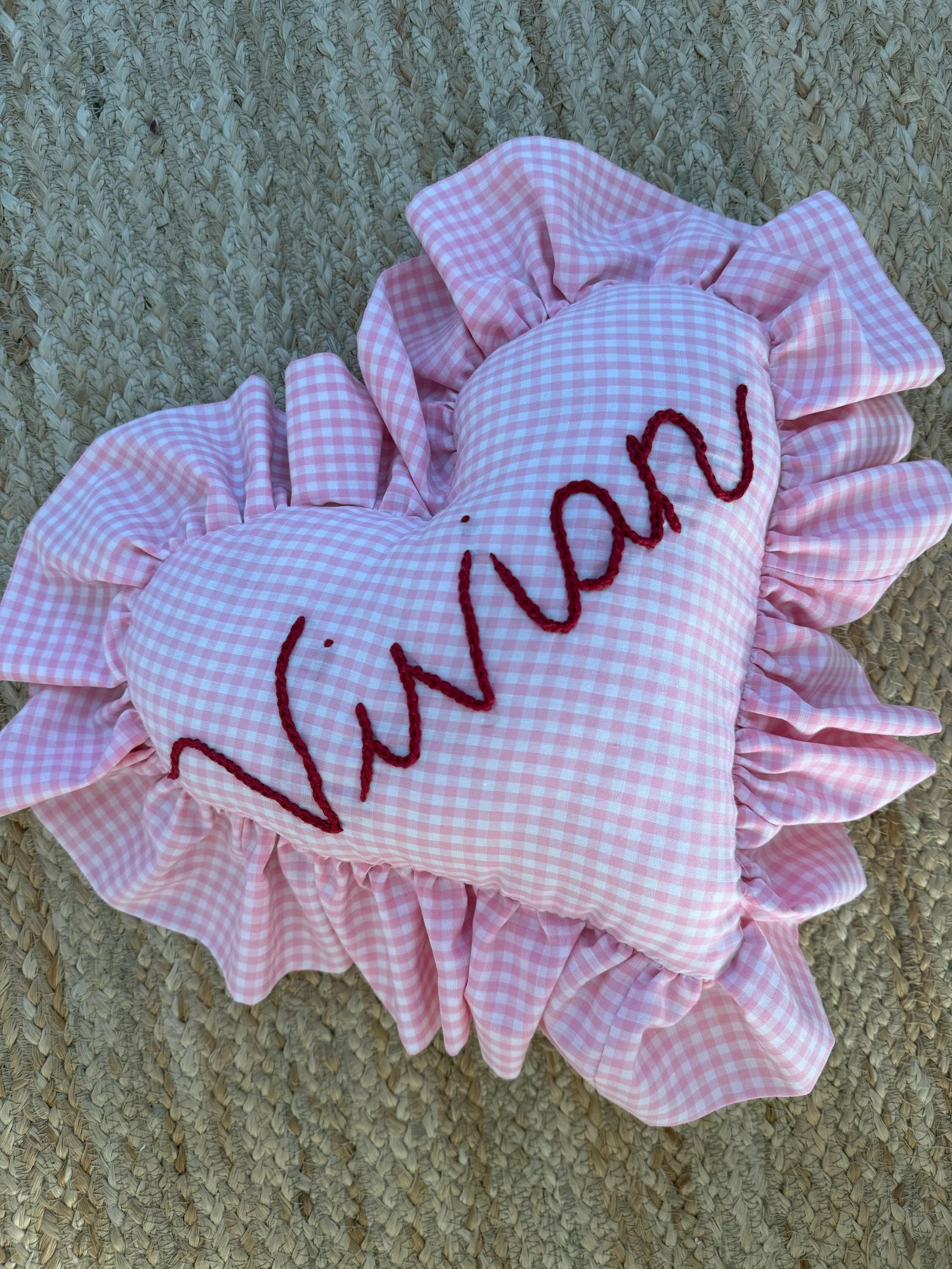 Personalized Pink Gingham Heart Pillow with Tooth Pocket | Embroidered Ruffle Throw | Tooth Fairy Pillow