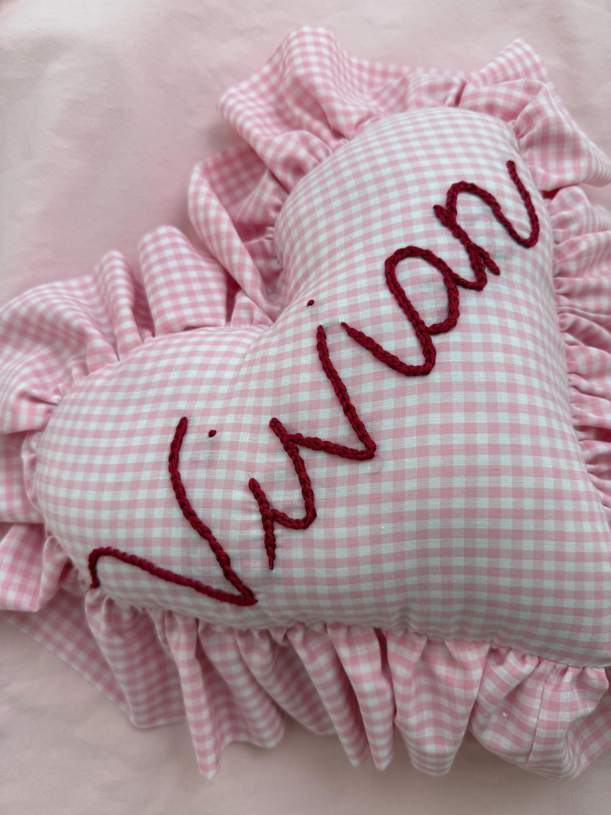 Personalized Pink Gingham Heart Pillow with Tooth Pocket | Embroidered Ruffle Throw | Tooth Fairy Pillow