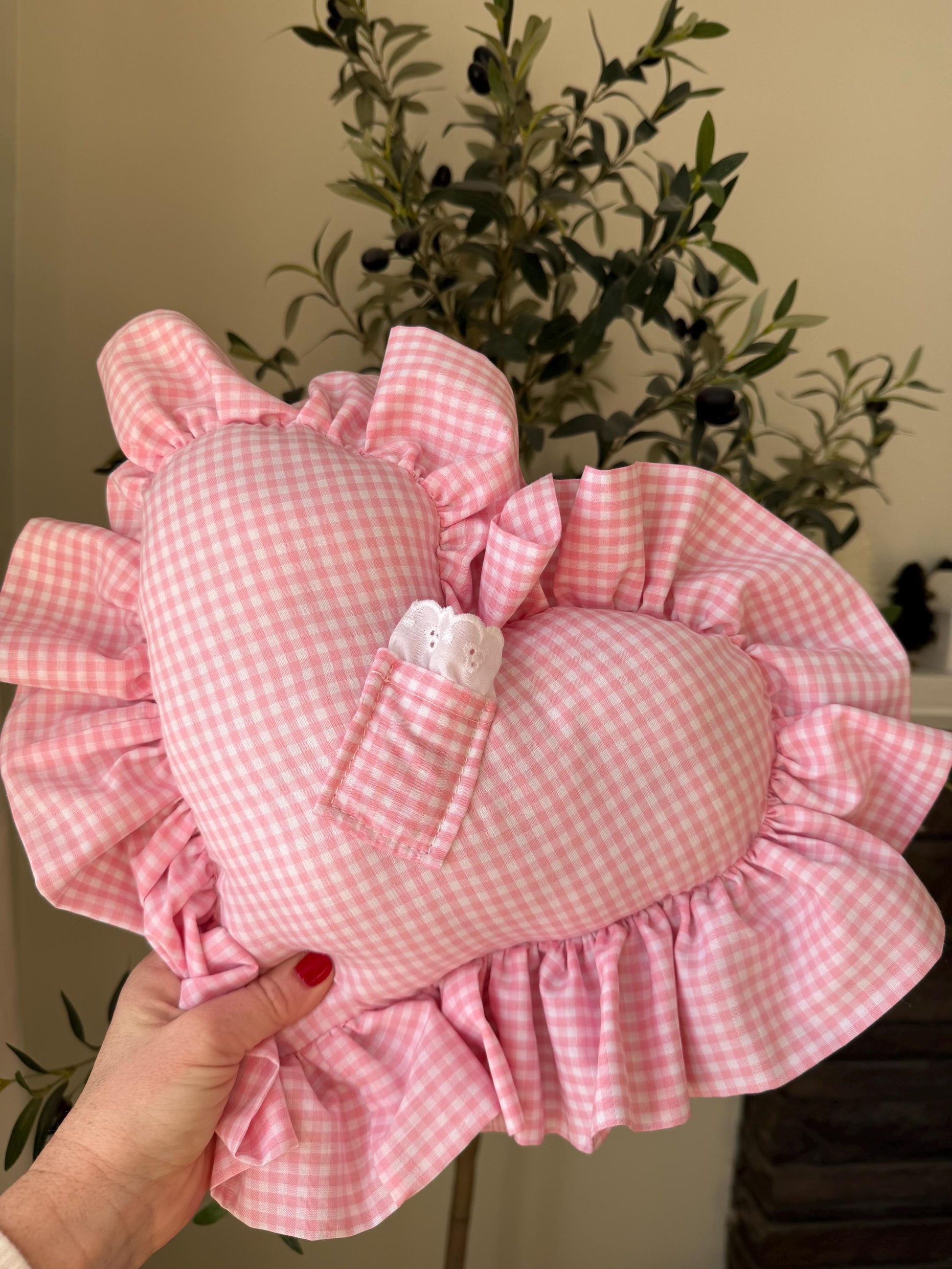 Personalized Pink Gingham Heart Pillow with Tooth Pocket | Embroidered Ruffle Throw | Tooth Fairy Pillow