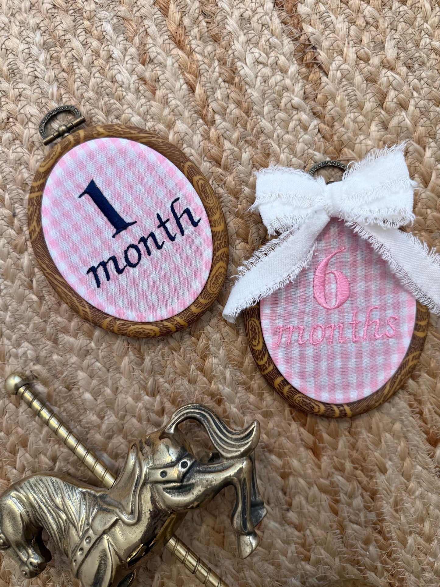 Pink Gingham First Year Milestone Hoops | Embroidered Baby Milestone | Pink Month Sign with Bow | Photo Props | Baby Girl Milestone