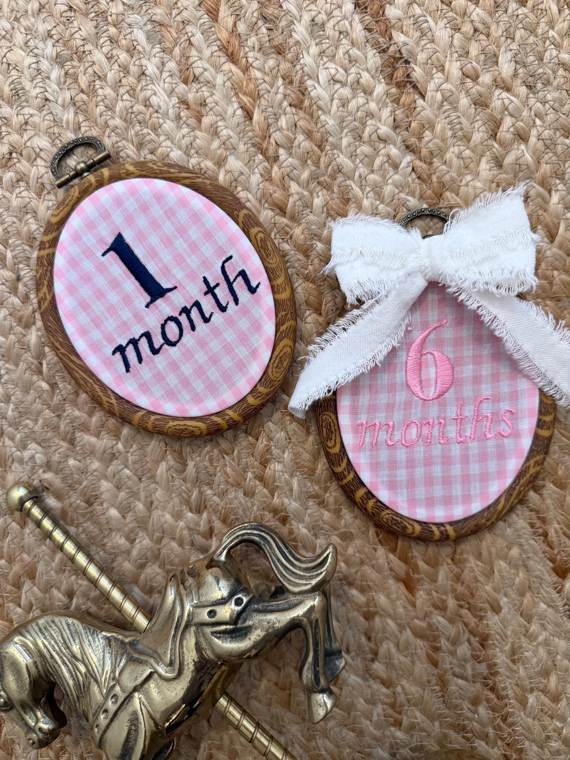 Pink Gingham First Year Milestone Hoops | Embroidered Baby Milestone | Pink Month Sign with Bow | Photo Props | Baby Girl Milestone