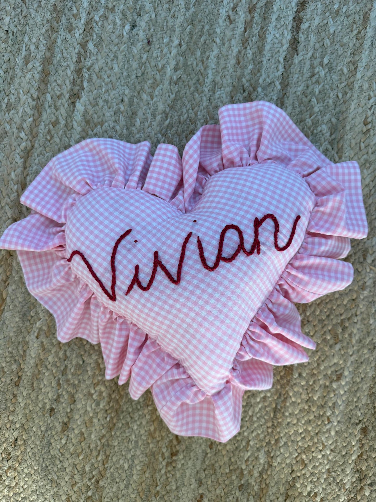 Personalized Pink Gingham Heart Pillow with Tooth Pocket | Embroidered Ruffle Throw | Tooth Fairy Pillow