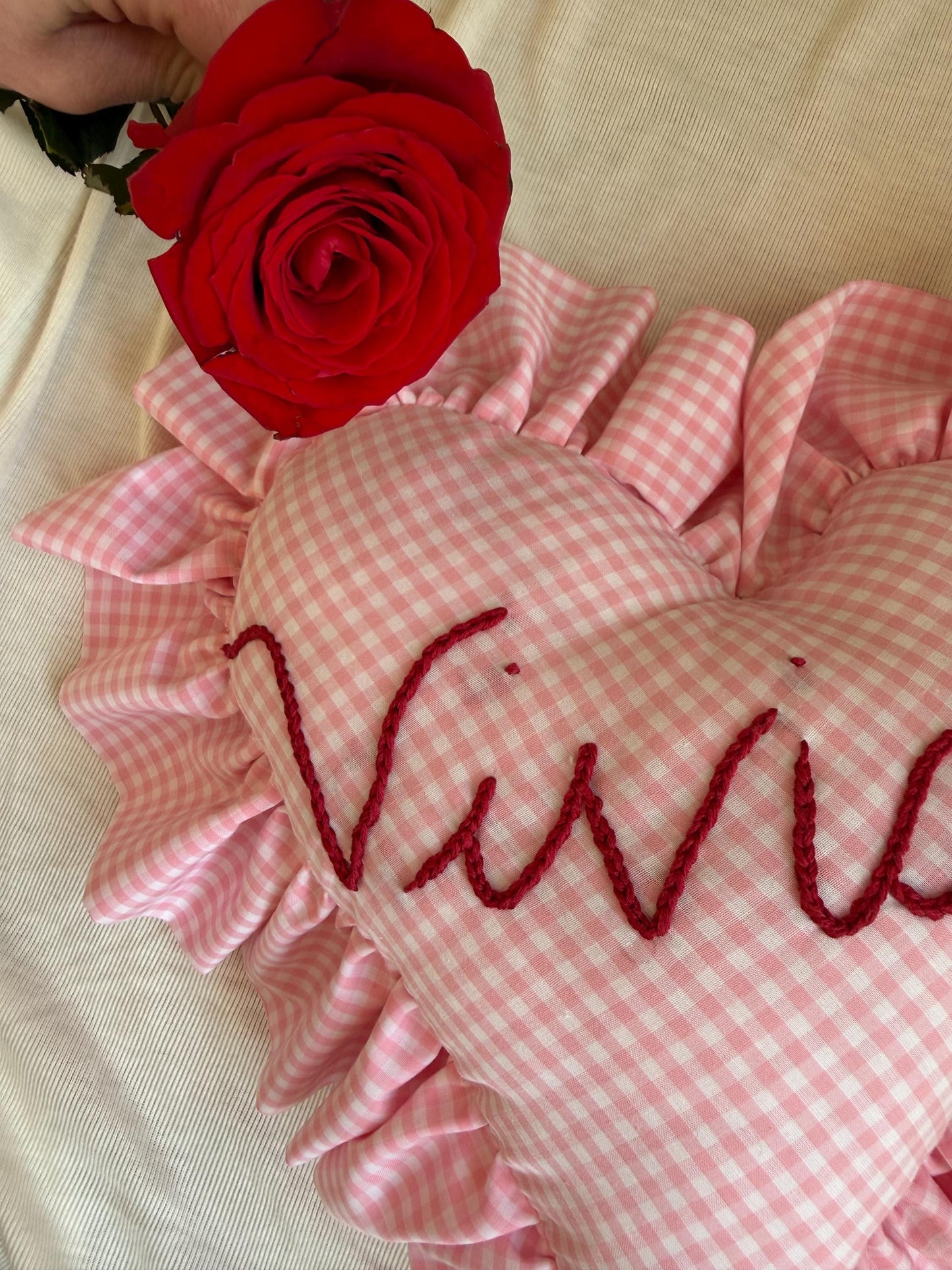 Personalized Pink Gingham Heart Pillow with Tooth Pocket | Embroidered Ruffle Throw | Tooth Fairy Pillow