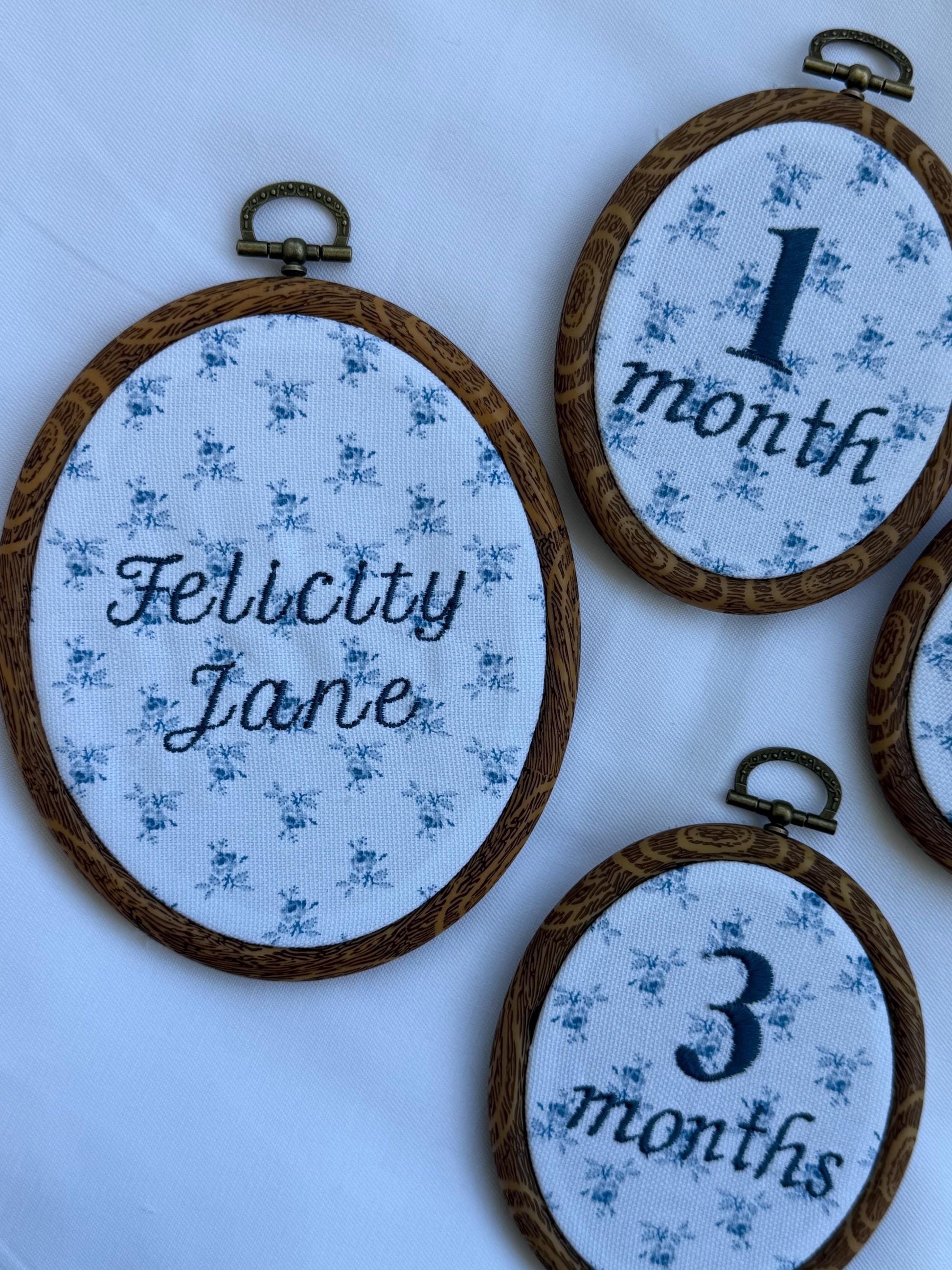 Baby’s First Year | Baby Monthly Milestones | Embroidered Baby Milestone | Blue Floral Month Sign with Bow | Photo Props | Baby Milestone