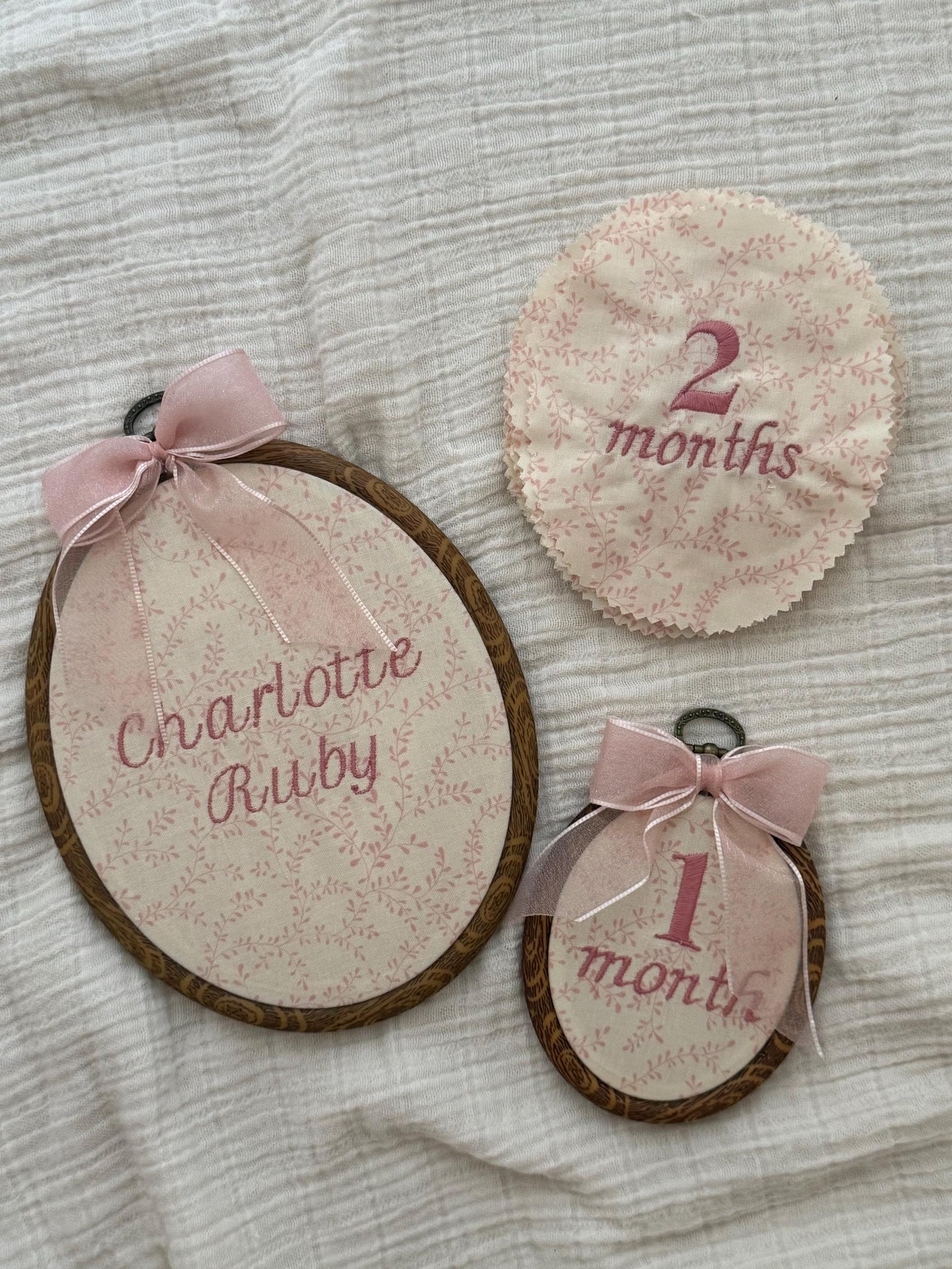 First Year Milestone Hoops | Pink Embroidered Baby Milestone Hoops | Vintage Baby | Girl Monthly Photo Props | Baby Milestone