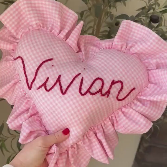 Personalized Pink Gingham Heart Pillow with Tooth Pocket | Embroidered Ruffle Throw | Tooth Fairy Pillow