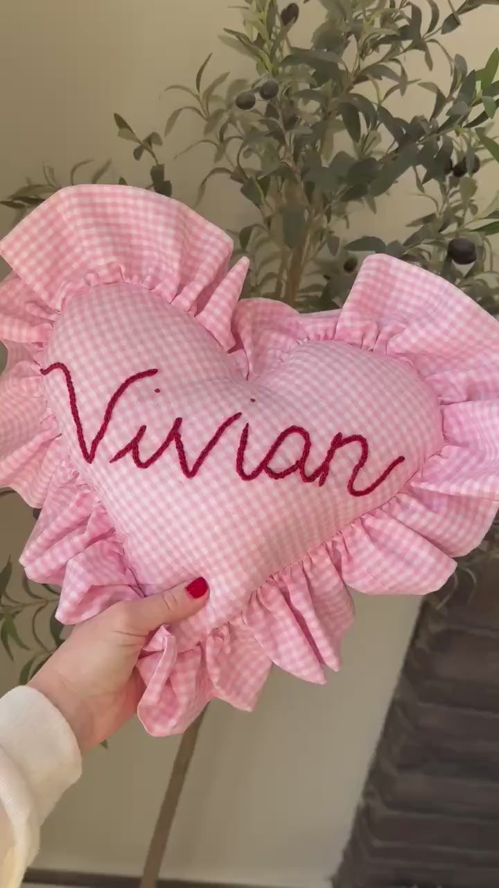 Personalized Pink Gingham Heart Pillow with Tooth Pocket | Embroidered Ruffle Throw | Tooth Fairy Pillow