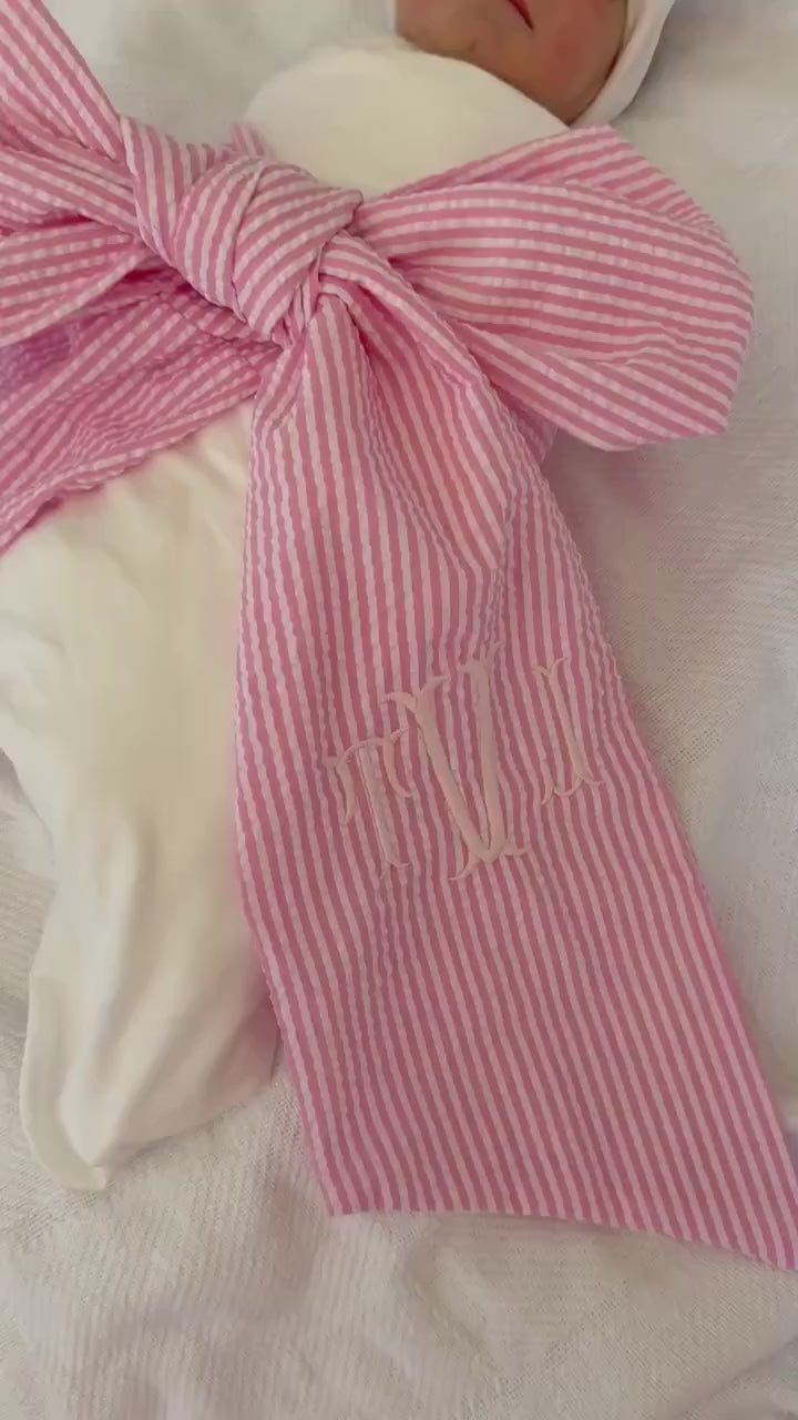 Monogrammed Newborn Bow Sash | Birth Announcement | Seersucker Bow Sash | Baby Photo Prop | Baby Announcement Picture Prop | Preppy Baby Bow