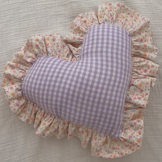 Purple Gingham Heart Pillow | Floral Ruffle Nursery Decor