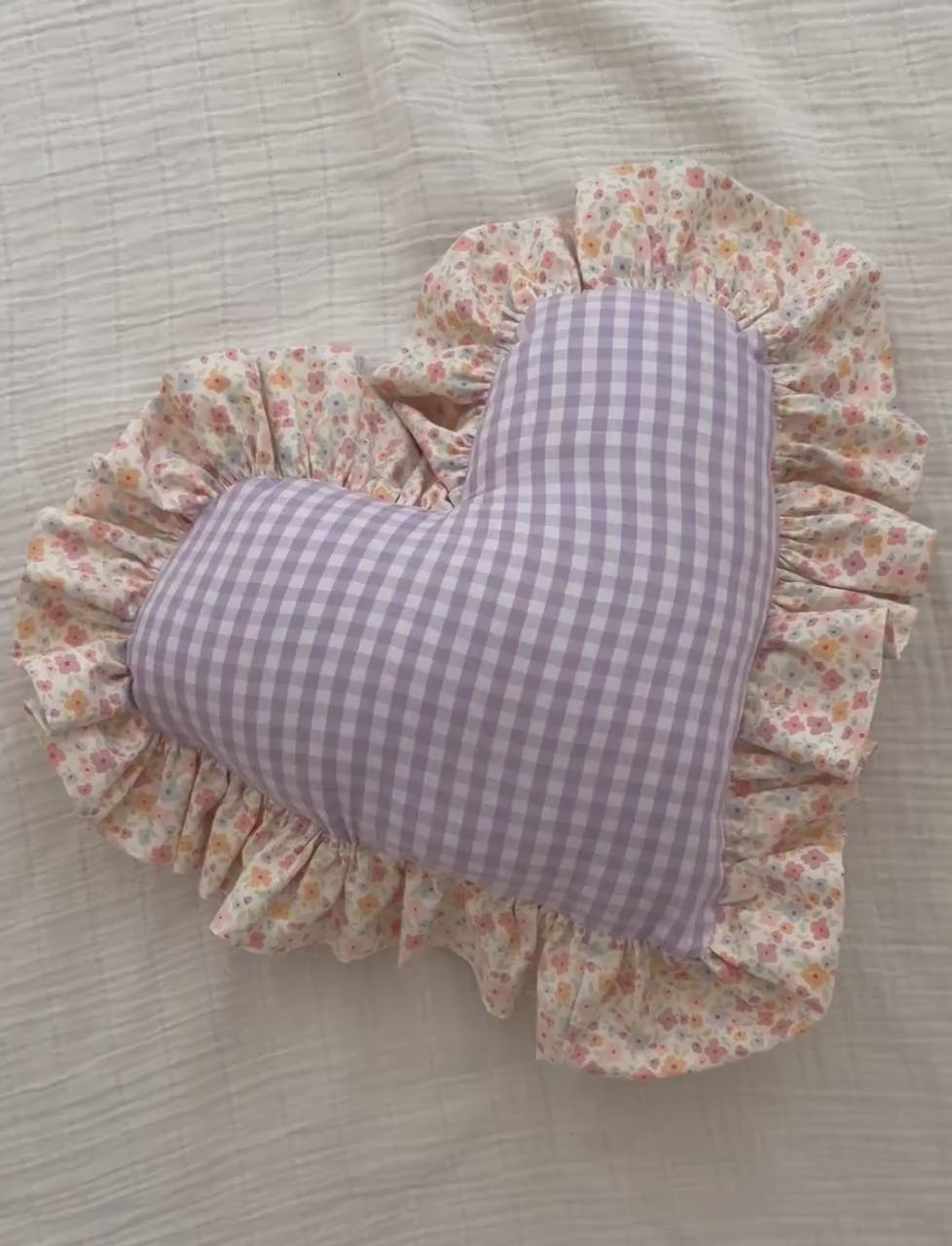 Purple Gingham Heart Pillow | Floral Ruffle Nursery Decor