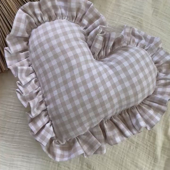 Ruffle Gingham Throw Pillow | Heart Pillow | Throw Pillow | Baby Gift | Neutral Gingham Pillow | Baby Nursery Decor