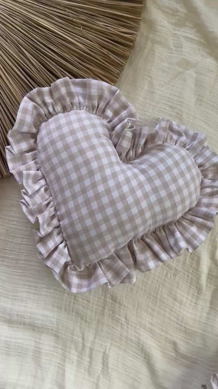 Ruffle Gingham Throw Pillow | Heart Pillow | Throw Pillow | Baby Gift | Neutral Gingham Pillow | Baby Nursery Decor