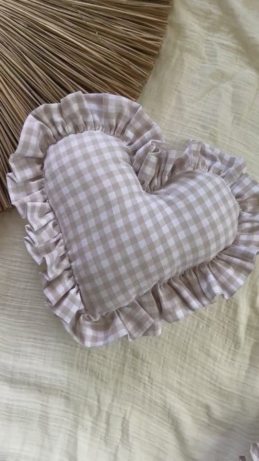 Ruffle Gingham Throw Pillow | Heart Pillow | Throw Pillow | Baby Gift | Neutral Gingham Pillow | Baby Nursery Decor