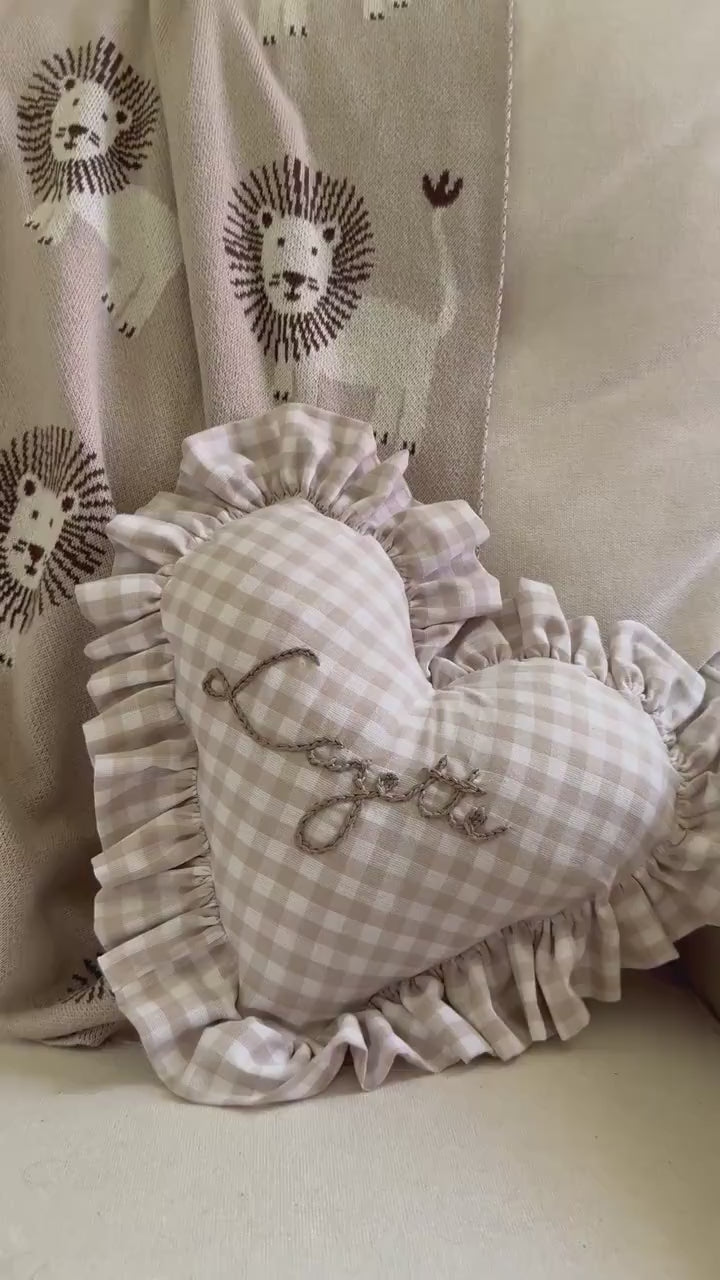 Ruffle Gingham Embroidered Throw Pillow | Personalized Heart Pillow | Throw Pillow | Baby Gift | Neutral Gingham Pillow | Baby Nursery Decor