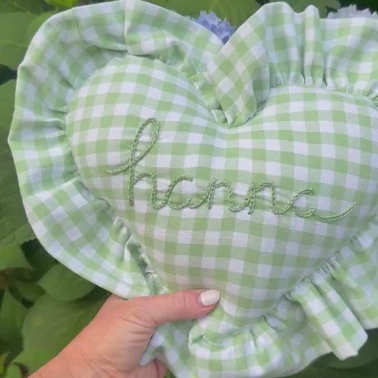 Ruffle Gingham Embroidered Throw Pillow | Personalized Heart Pillow | Baby Gift | Green Gingham Pillow | Nursery Decor | Nursery Pillow