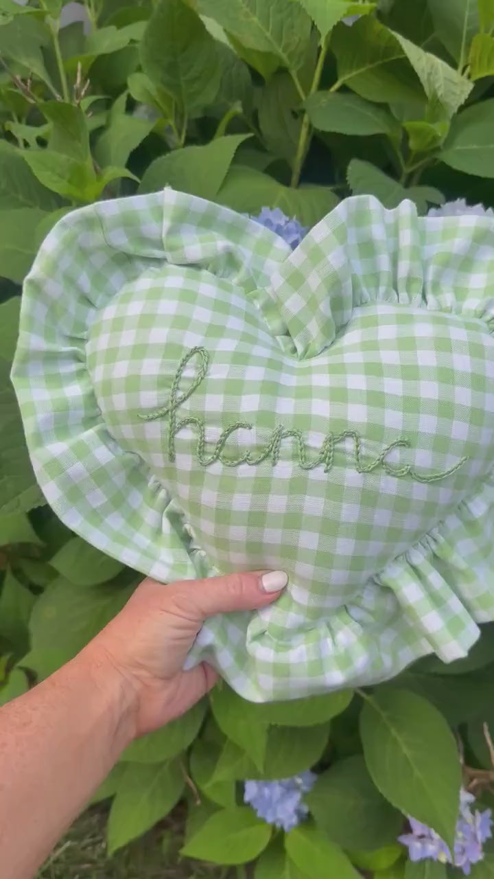 Ruffle Gingham Embroidered Throw Pillow | Personalized Heart Pillow | Baby Gift | Green Gingham Pillow | Nursery Decor | Nursery Pillow