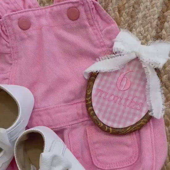 Pink Gingham First Year Milestone Hoops | Embroidered Baby Milestone | Pink Month Sign with Bow | Photo Props | Baby Girl  Milestone
