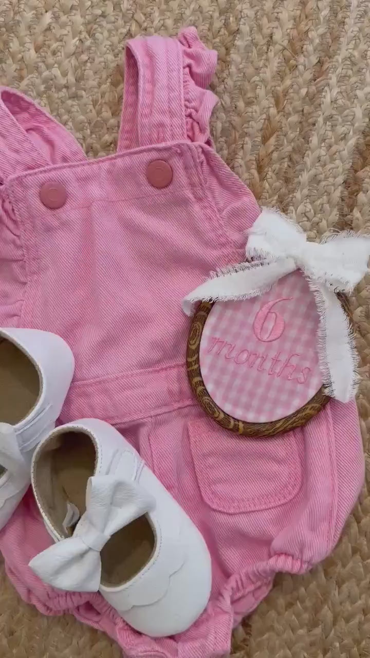 Pink Gingham First Year Milestone Hoops | Embroidered Baby Milestone | Pink Month Sign with Bow | Photo Props | Baby Girl  Milestone