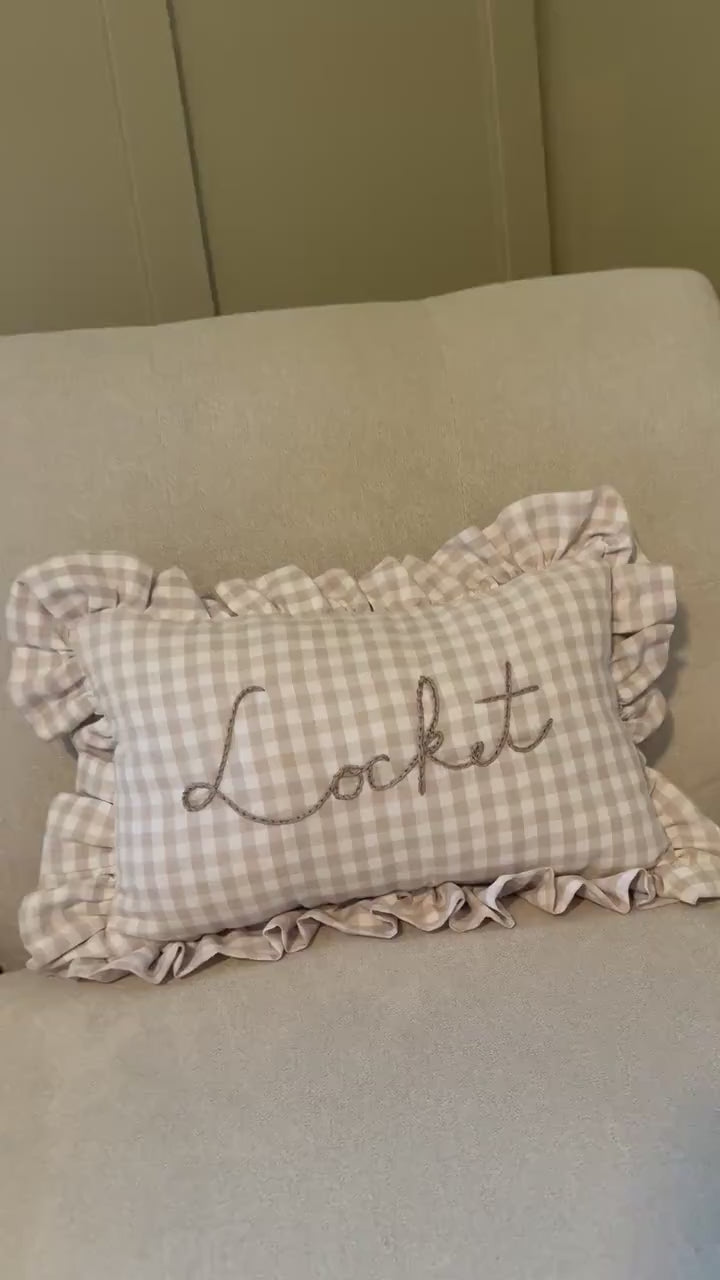 Ruffle Gingham Embroidered Throw Pillow | Personalized Pillow | Throw Pillow | Baby Gift | Neutral Gingham Pillow | Baby Nursery Decor
